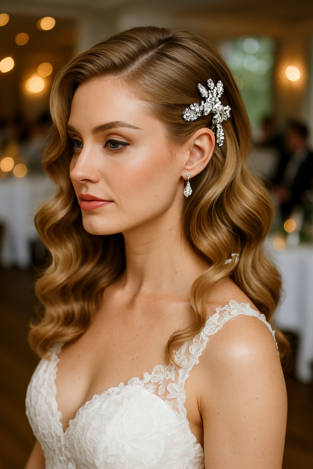 A woman with a side-swept hairstyle adorned with a decorative hairpiece, wearing a wedding dress.