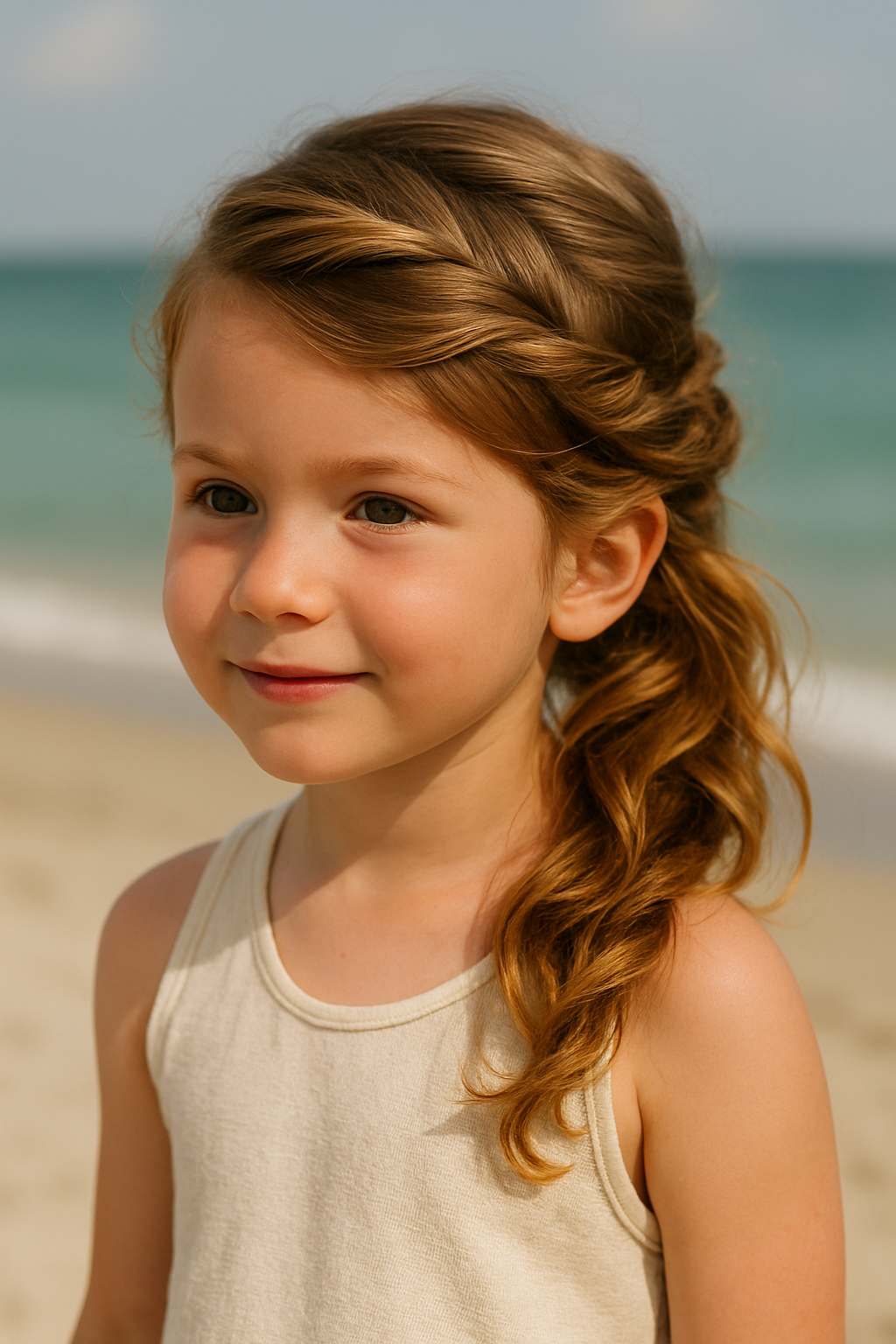 A young girl with side-swept twists hairstyle, standing on a beach.