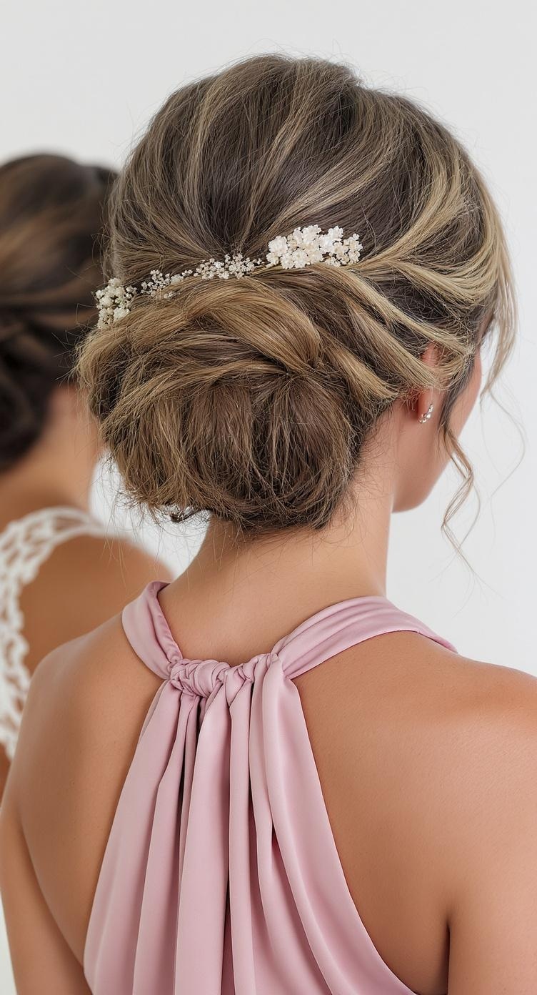 A side-swept updo hairstyle for bridesmaids, featuring a soft bun and delicate floral accessory.