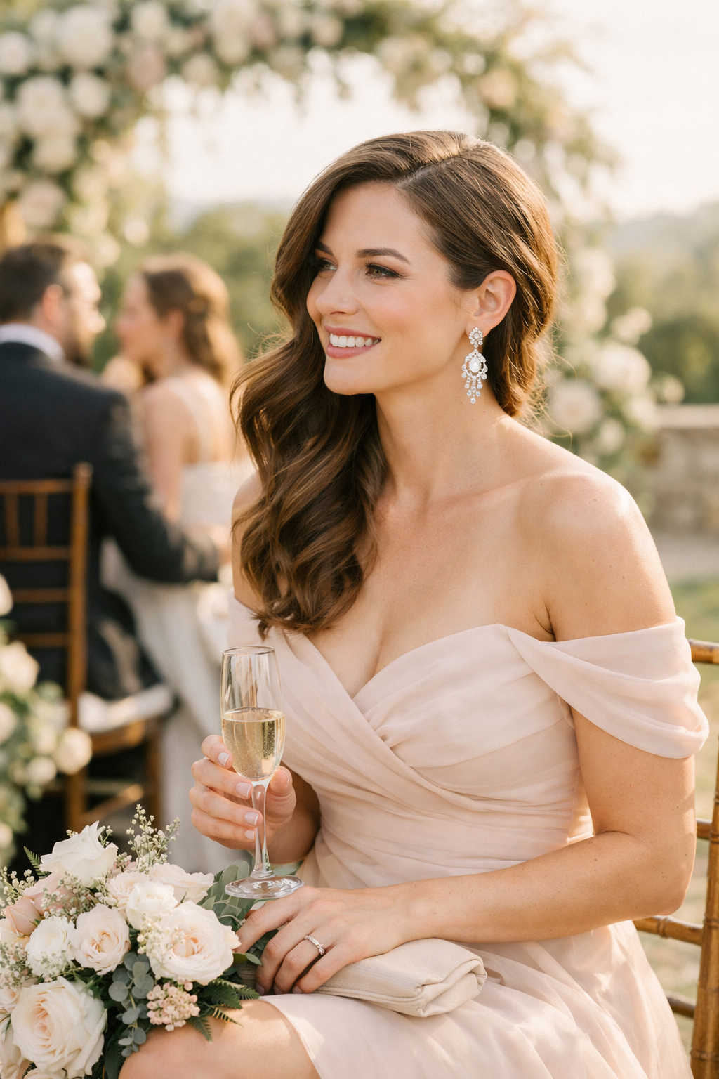A woman with side-swept waves sitting in a wedding setting, holding a glass of champagne, and wearing a soft, draped dress.