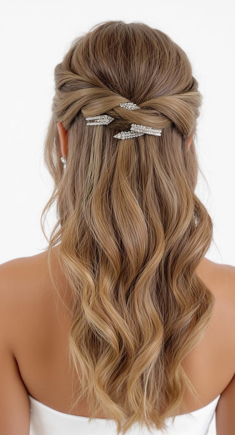 A side-swept hairstyle featuring soft waves and elegant hairpins, perfect for bridesmaids with long hair.