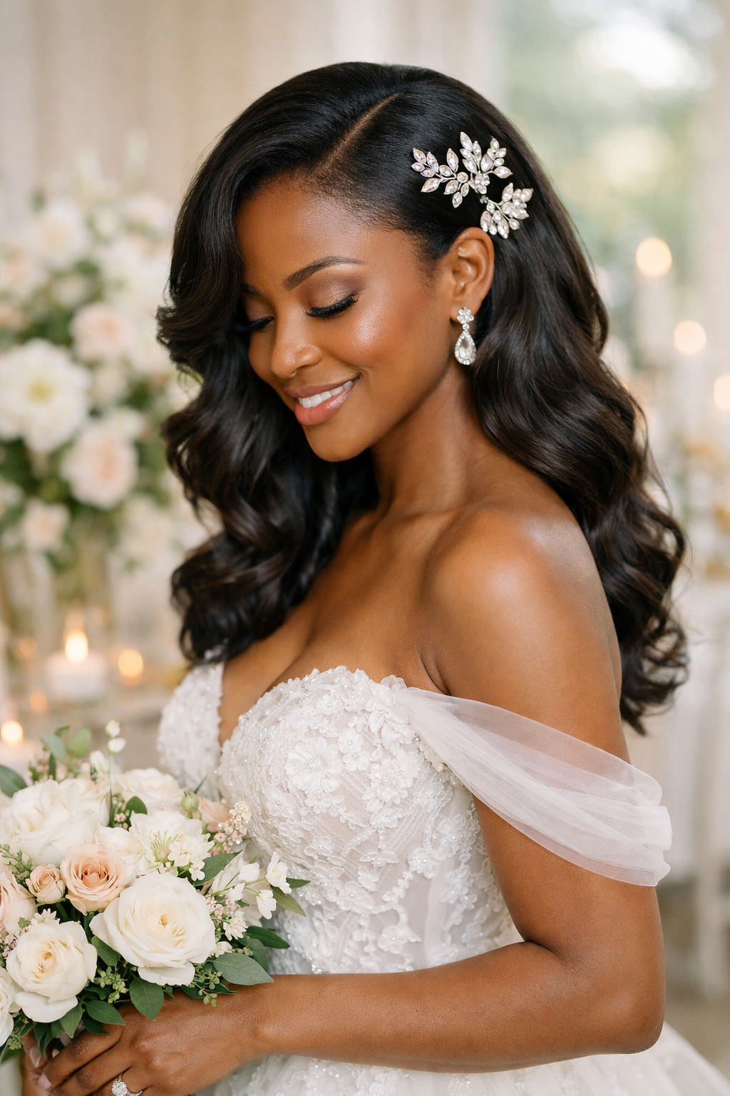 A smiling Black woman with side-swept waves wearing a flowing wedding gown and holding a bouquet of flowers.