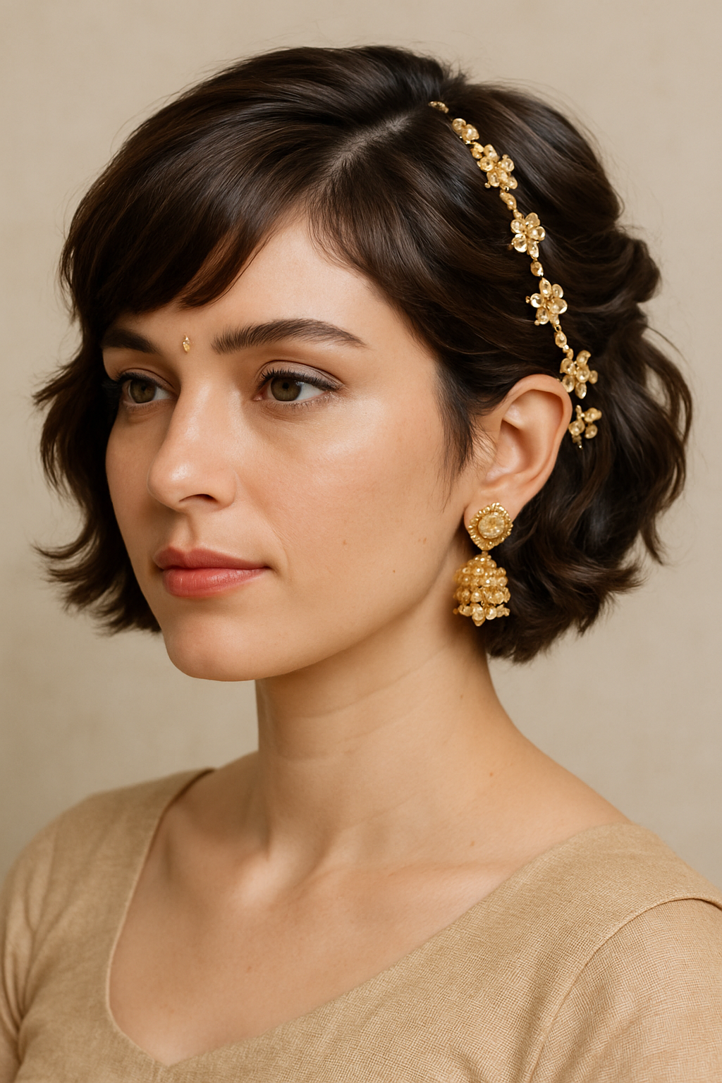 A woman with short, side-swept waves and bangs, adorned with a floral hair accessory and statement earrings.