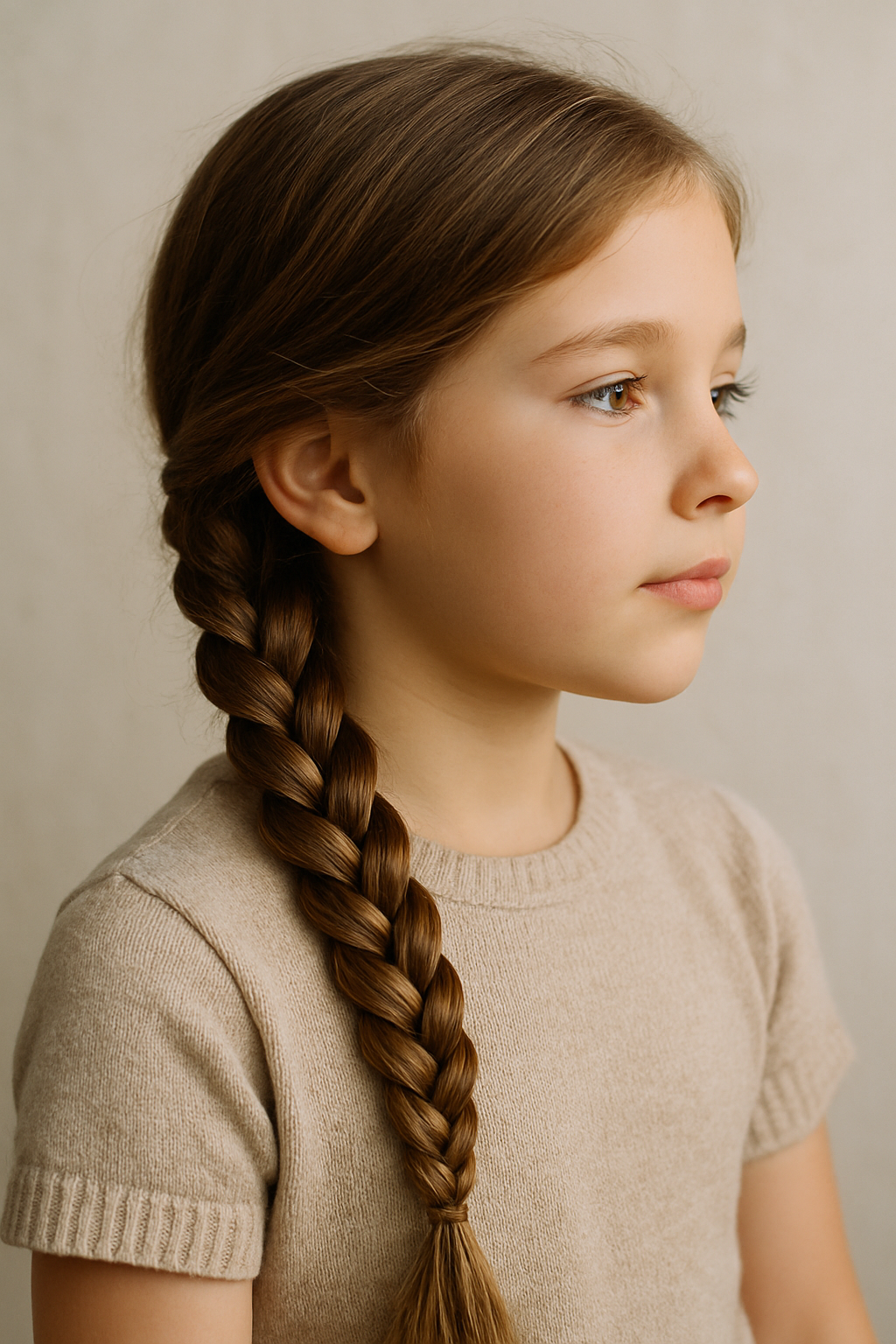 A young girl with a neat side braid hairstyle.