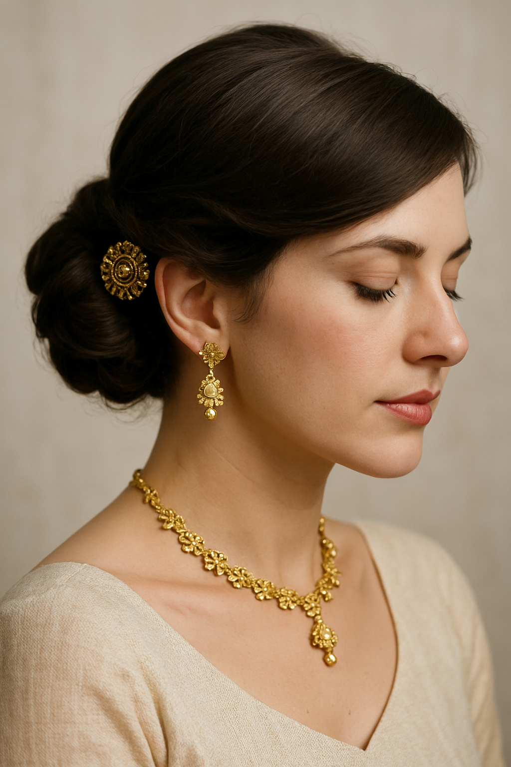 A woman with a side bun hairstyle, featuring short hair framing her face, adorned with golden jewelry.