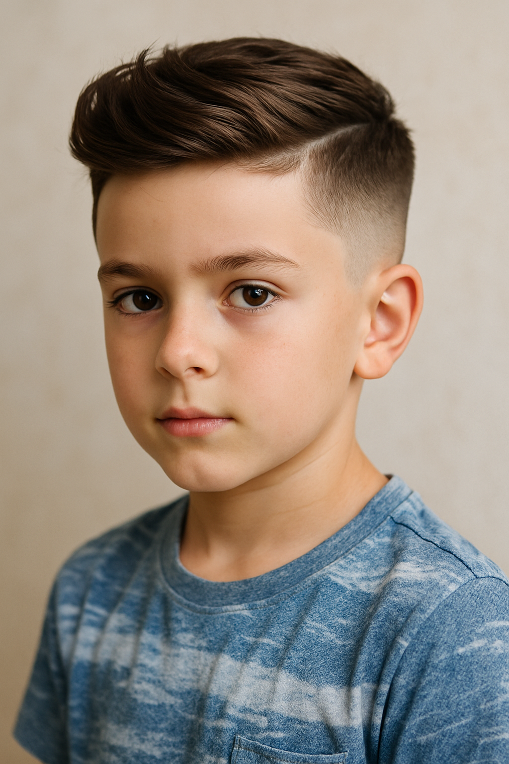 A young boy with a side part hairstyle and fade, wearing a blue shirt.