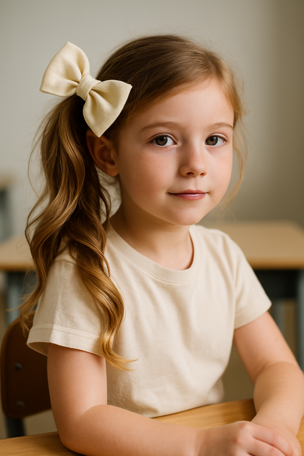 A young girl with a side ponytail and a large bow, sitting at a desk.