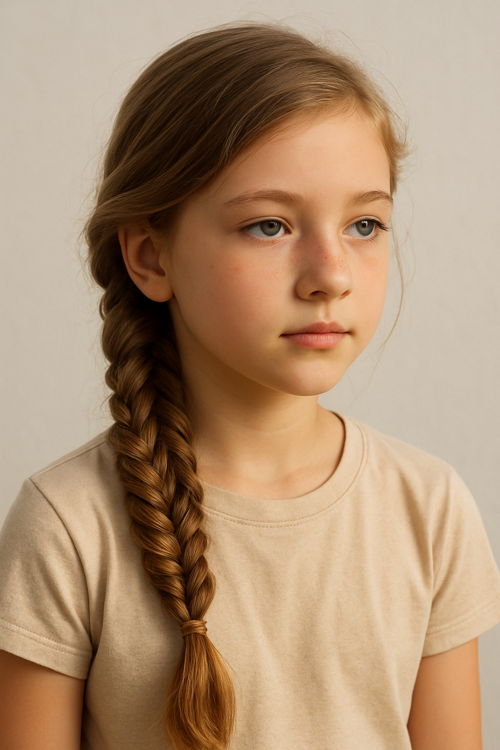 A young girl with a side swept fishtail braid, looking thoughtful.