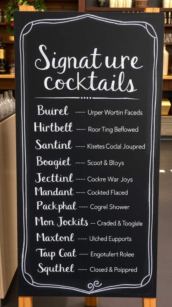 A chalkboard displaying a list of signature cocktails for a bridal shower.