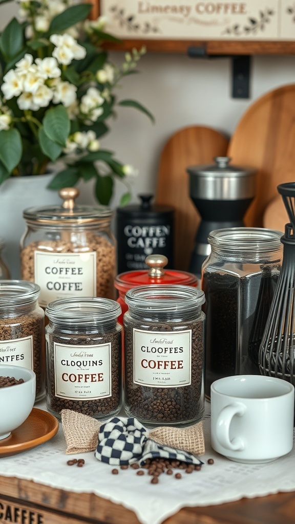 A beautifully arranged coffee bar with various jars of coffee blends and toppings for a bridal shower.