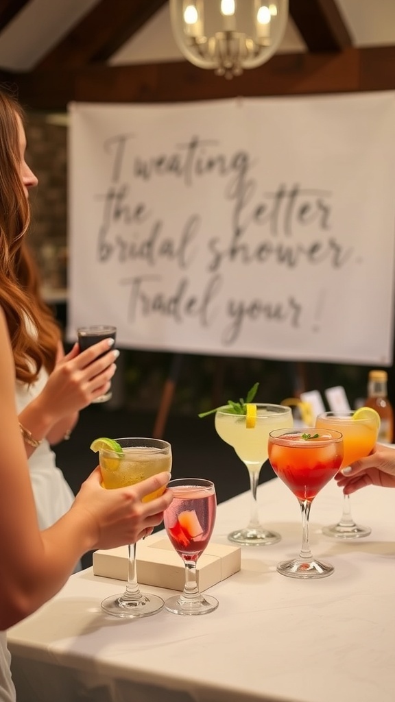 Guests enjoying a variety of colorful cocktails at a bridal shower