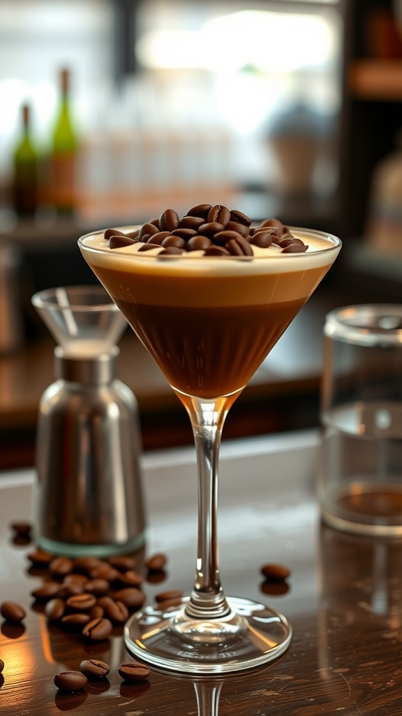 A stylish espresso martini topped with coffee beans on a bar top.