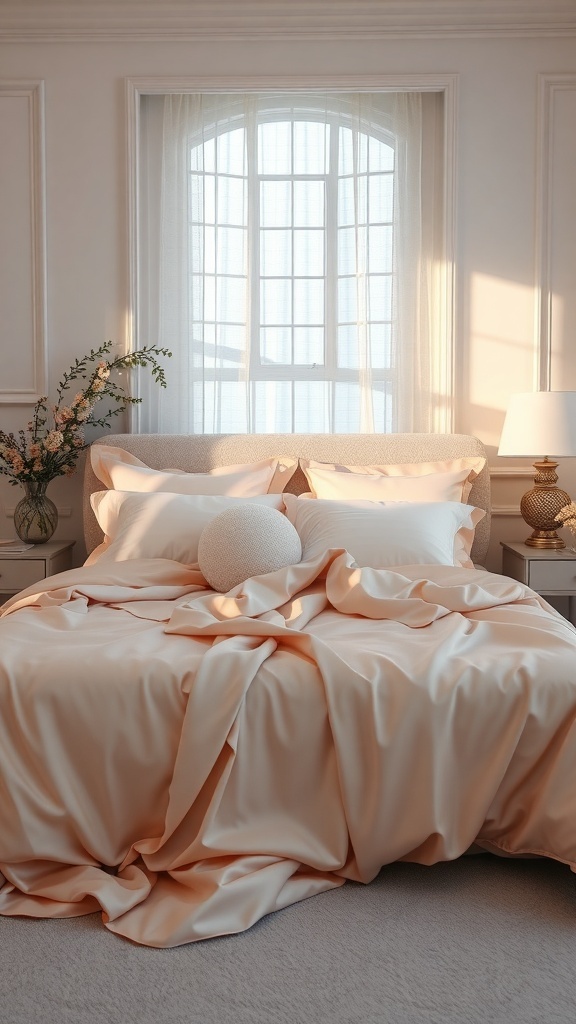 A luxurious bedroom featuring silk or satin bed linens in peach color, with soft pillows and natural light coming through the window.