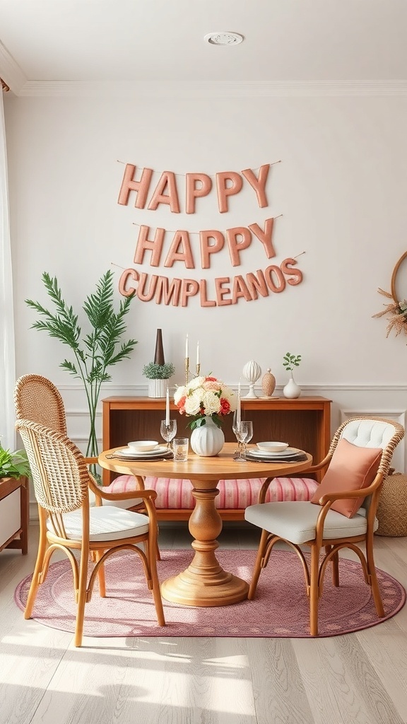 Decoración de un cuarto de cumpleaños con sillas y mesas a juego, letrero de 'HAPPY CUMPLEANOS' y flores frescas.
