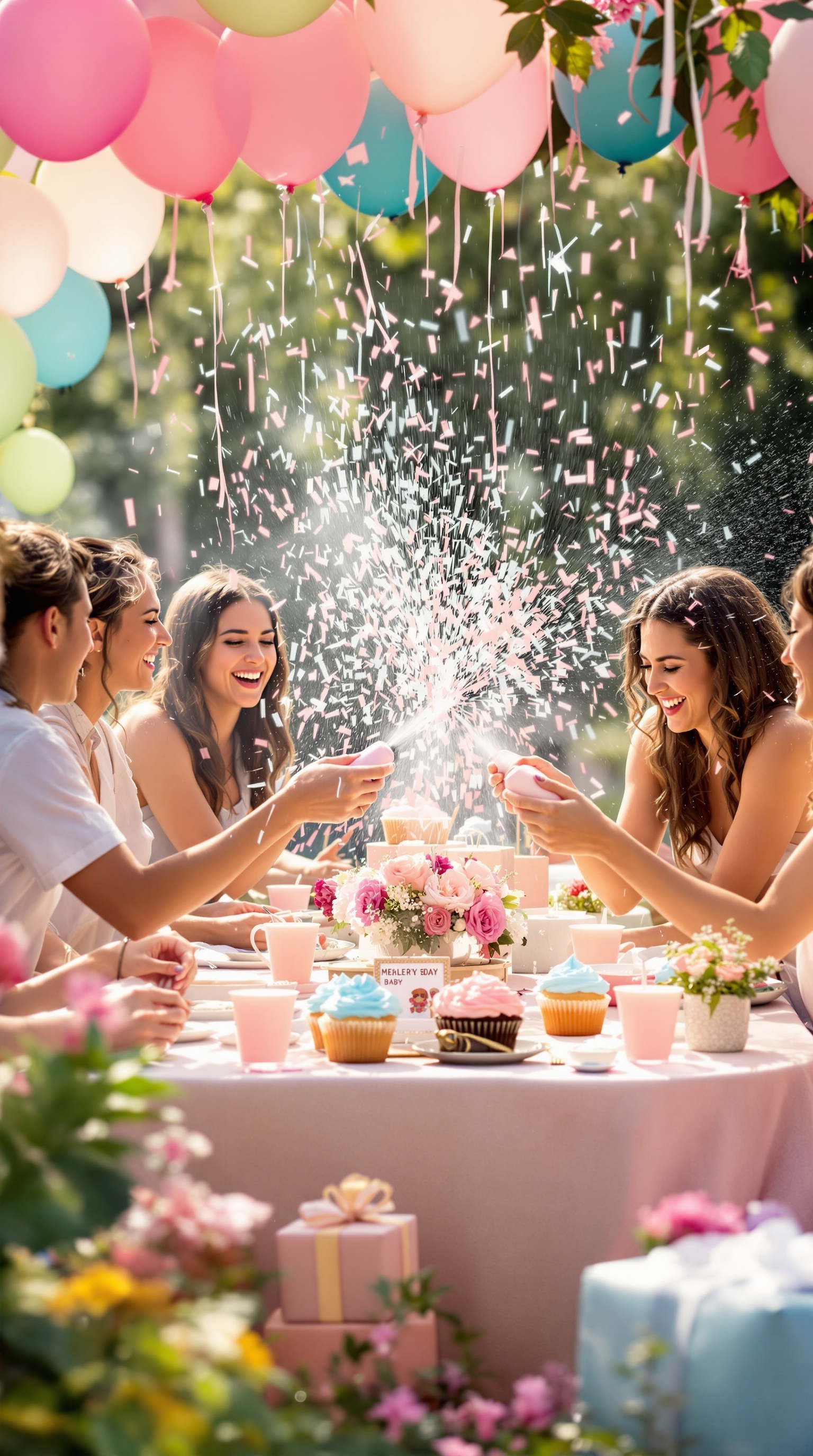 A group of friends celebrating a gender reveal with silly string, surrounded by balloons and treats.