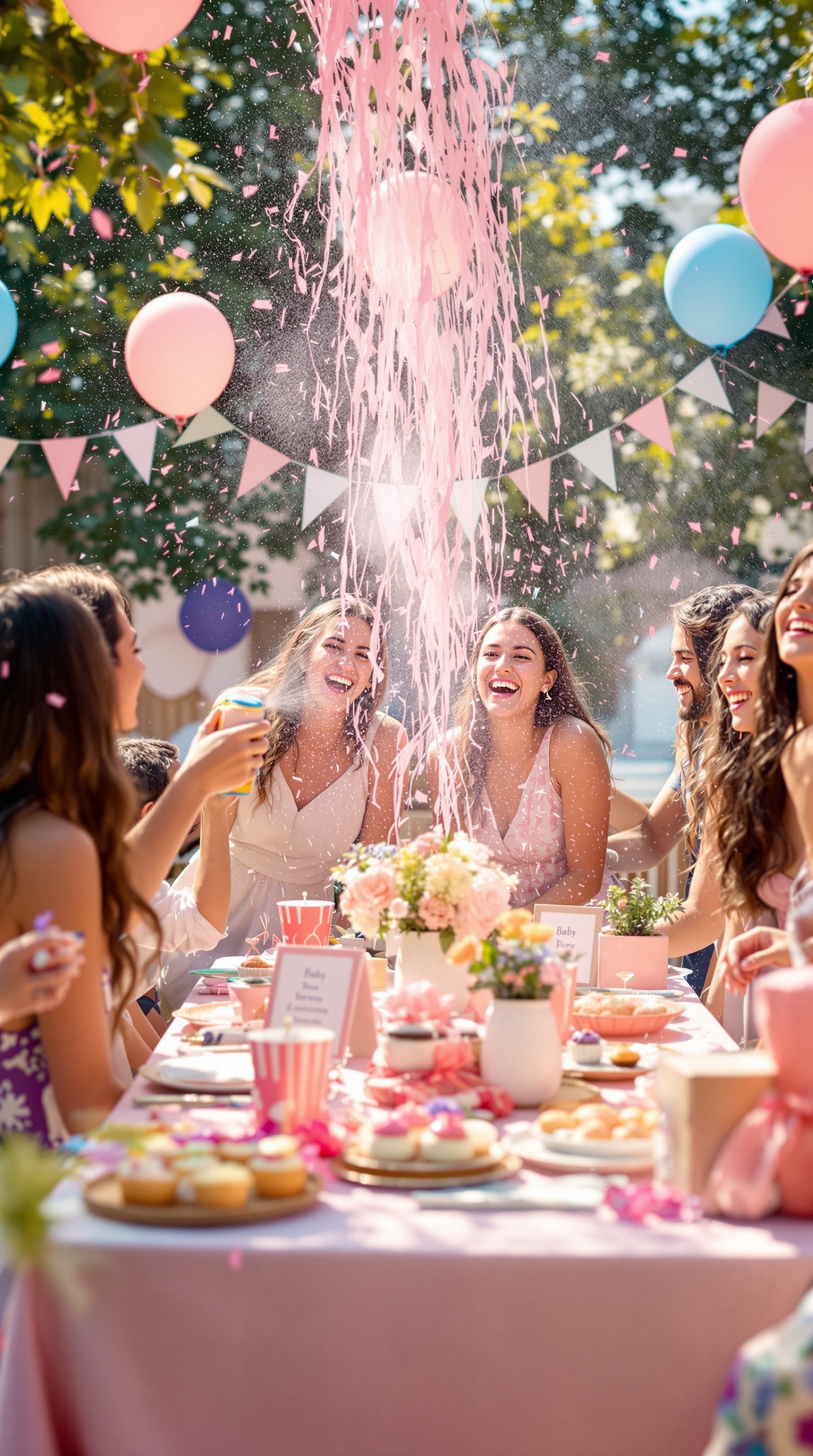 A group of friends celebrating a gender reveal with silly string and laughter.