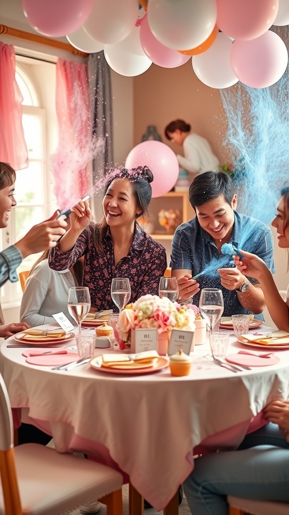 A group of friends celebrating a gender reveal with silly string, surrounded by balloons and a festive table.