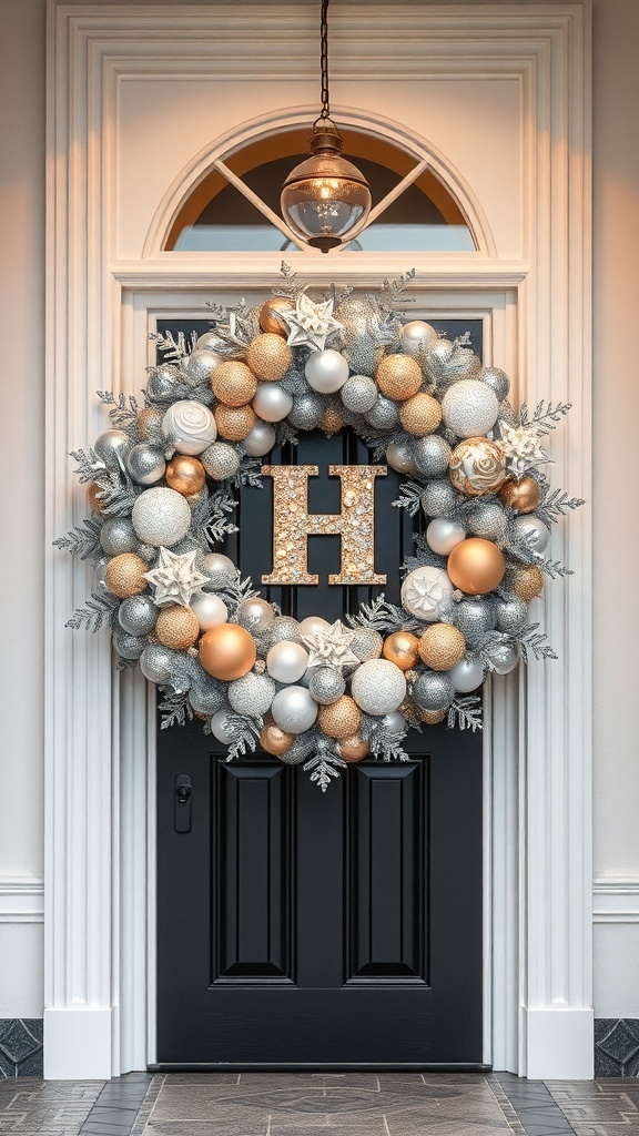 A winter wreath featuring silver and gold ornaments, with a large letter 'H' in the center, hanging on a black front door.