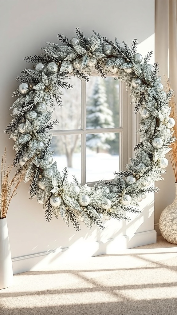 A silver and gold glitter wreath decorated with ornaments and greenery, displayed in a bright room.