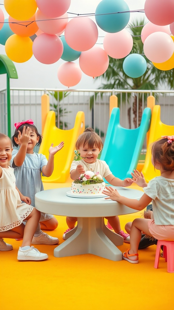 Children celebrating with a cake and colorful balloons in a playful outdoor setting.