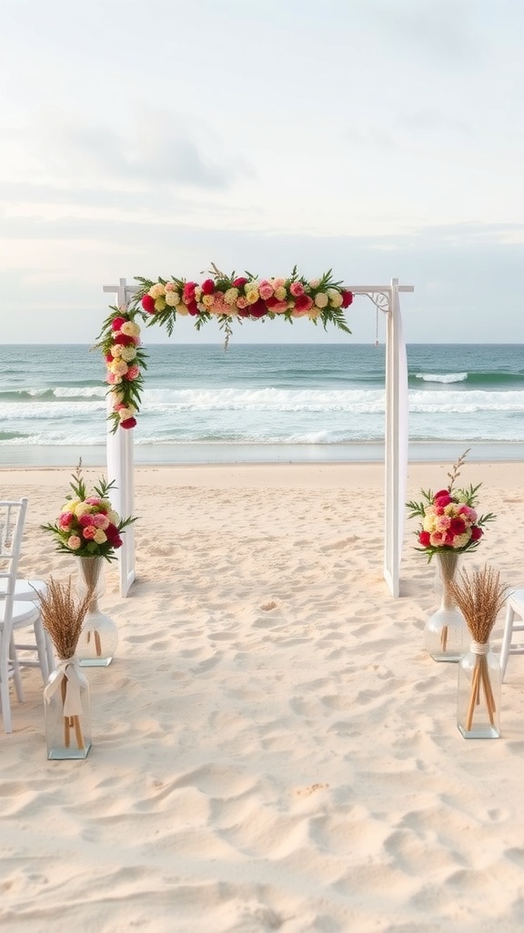 A beautiful beach wedding setup with a floral arch and elegant chairs on the sand.
