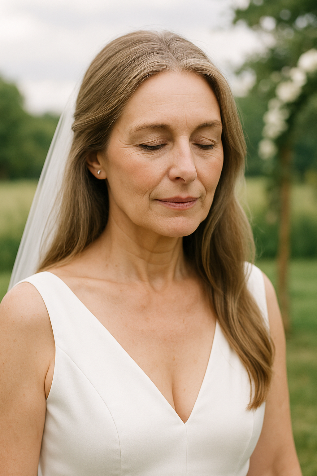 A mature bride with long, flowing hair styled down, wearing a simple wedding dress and a veil.
