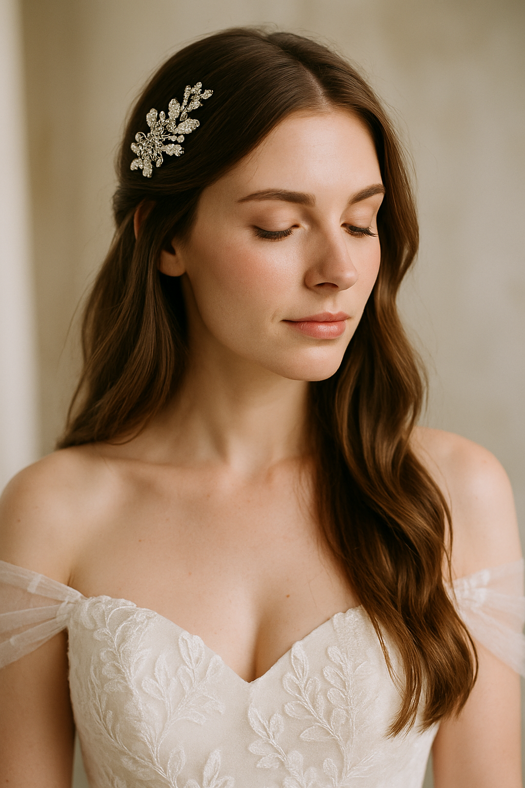 Bride with long hair styled in soft waves, adorned with a delicate hairpiece.