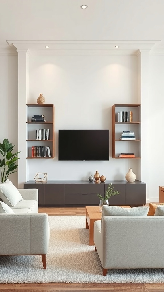 A cozy minimalist living room with simple and elegant shelving, featuring books and decorative items.