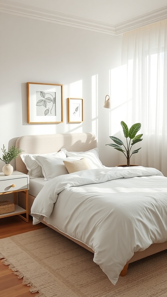 A minimalist teen bedroom featuring simple bedding in neutral colors, with a cozy bed, decorative pillows, and natural light.