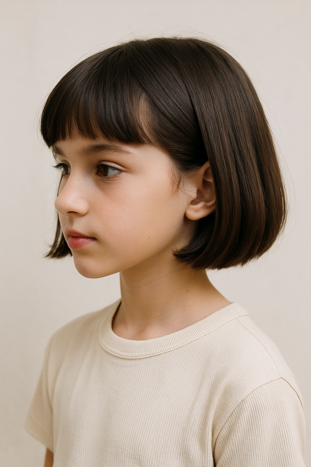 A girl with a simple bob haircut and bangs, looking to the side.