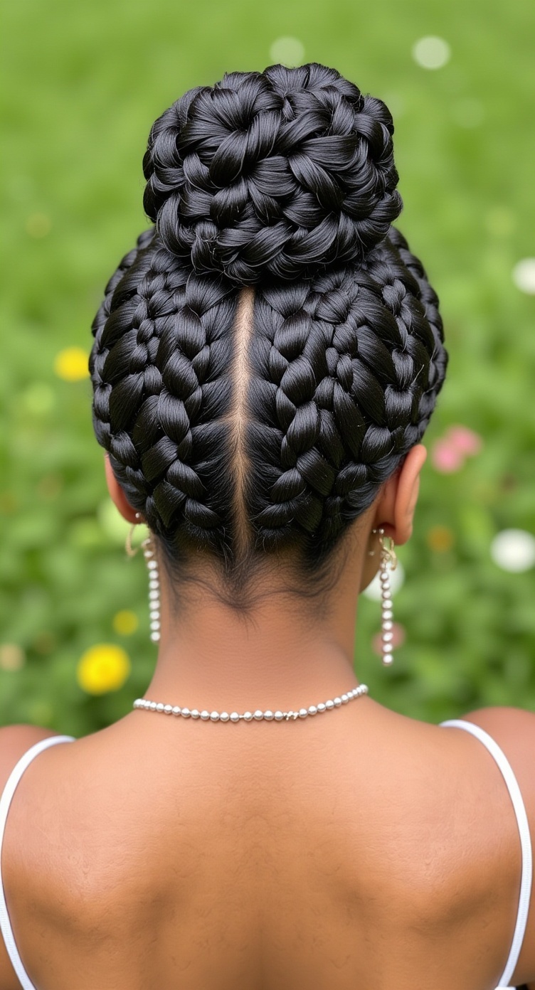 A close-up view of a braided bun hairstyle, showcasing intricate braids and a neat bun, set against a green background.