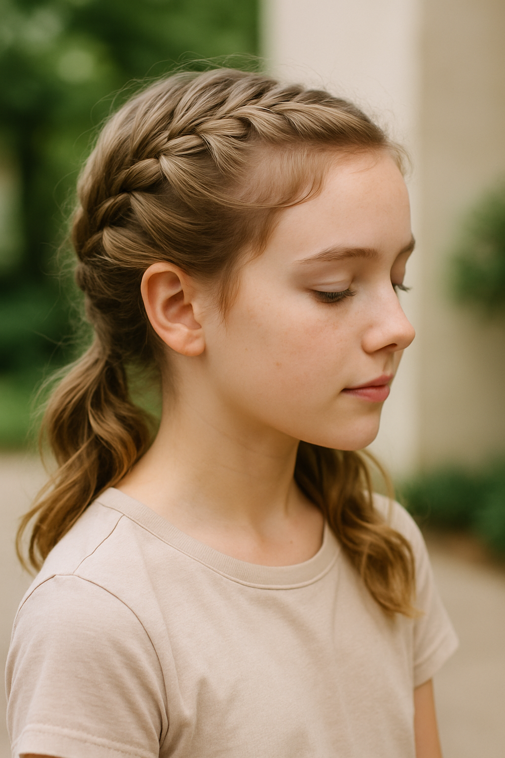 A girl with braided pigtails, showcasing a neat and stylish hairstyle.