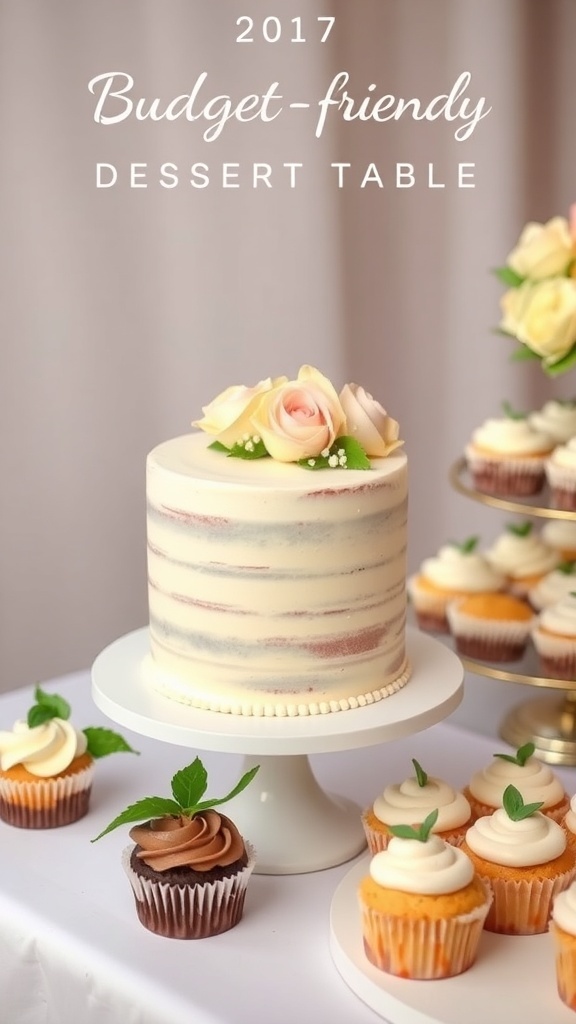 Budget-friendly dessert table featuring a simple wedding cake and assorted cupcakes