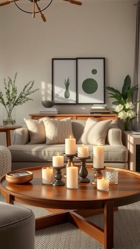 A cozy living room with a wooden coffee table featuring various candles in different heights, creating a warm atmosphere.