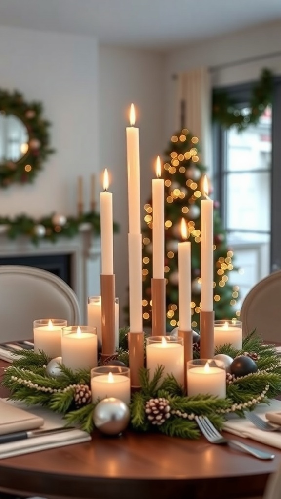 A simple candle display with tall and short candles arranged in a wreath, creating a warm and inviting Christmas decor.