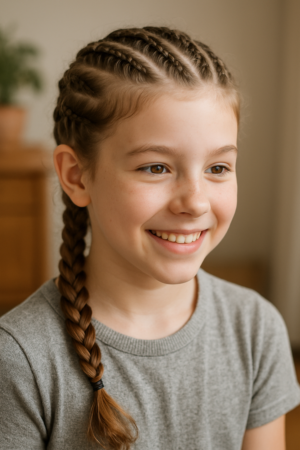 A young girl with a bright smile showing off her simple cornrow hairstyle.