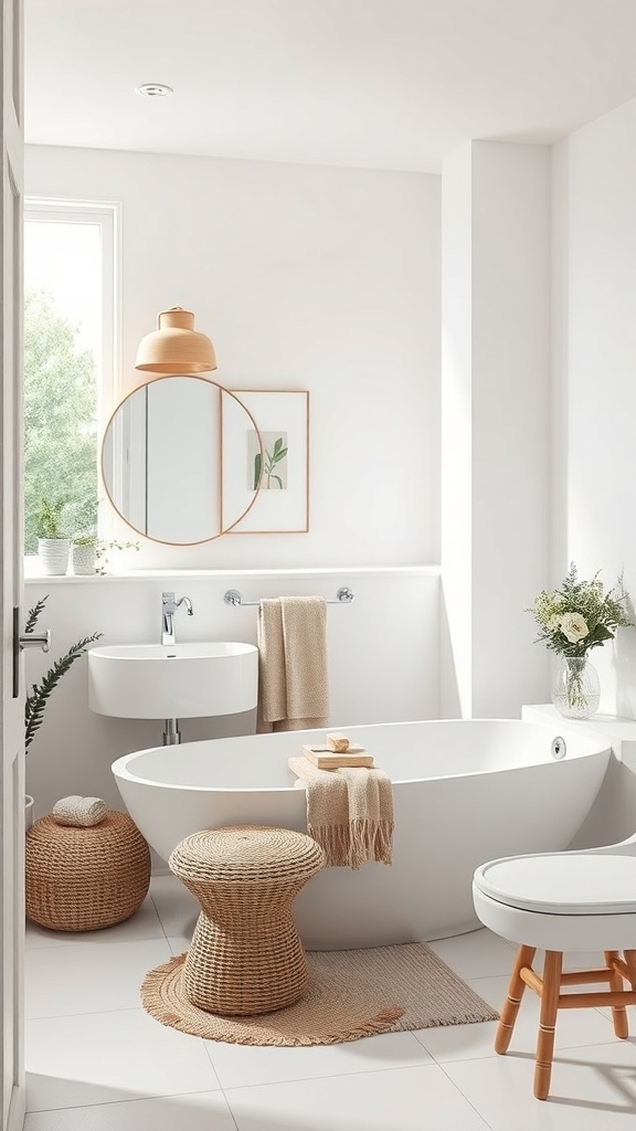 A minimalist small bathroom featuring a round mirror, pendant light, and natural decor elements.