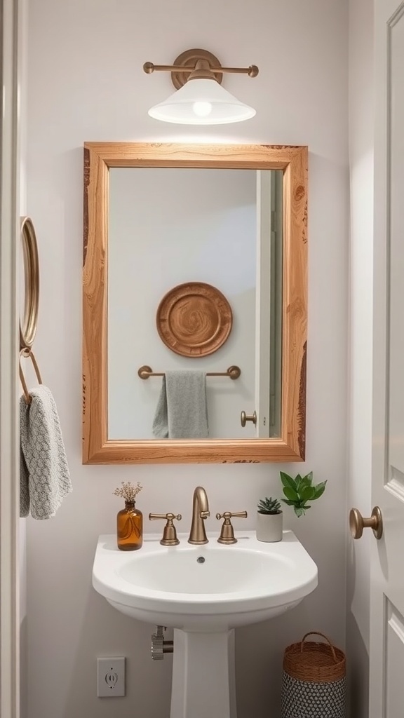 A stylish bathroom with a wooden framed mirror, sink, and decorative elements.
