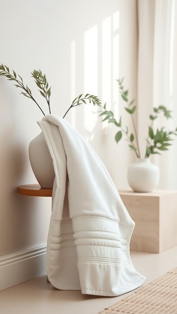 A neatly folded white towel displayed in a modern setting with decorative plants.