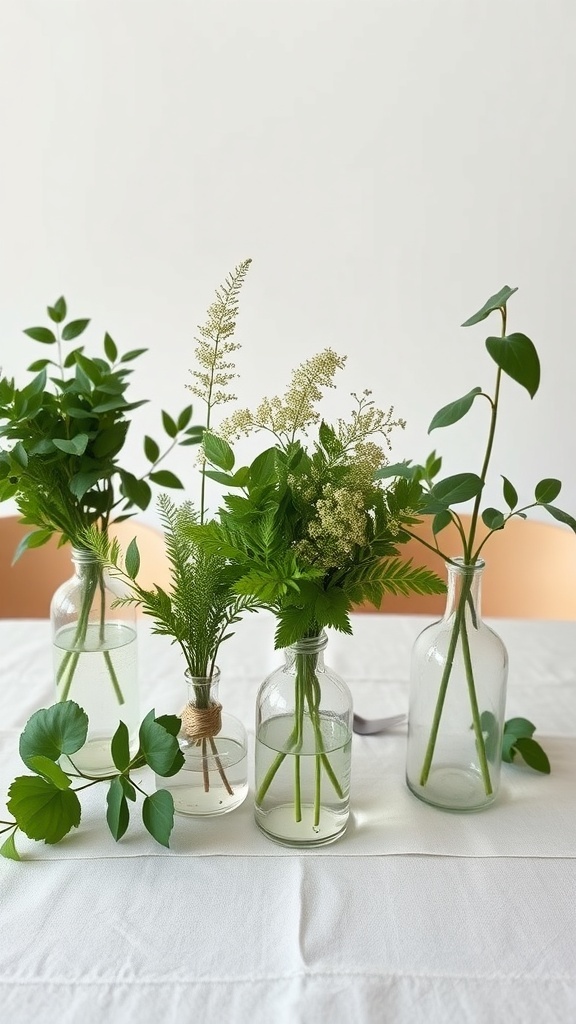 A collection of simple glass vases filled with various greenery, arranged on a table with a light tablecloth.