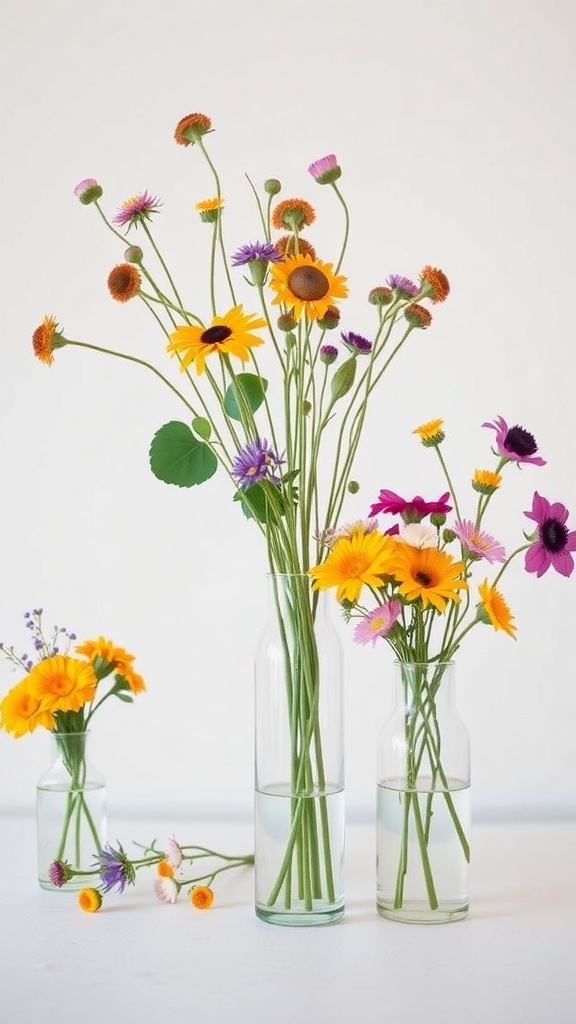 Colorful wildflowers arranged in glass vases
