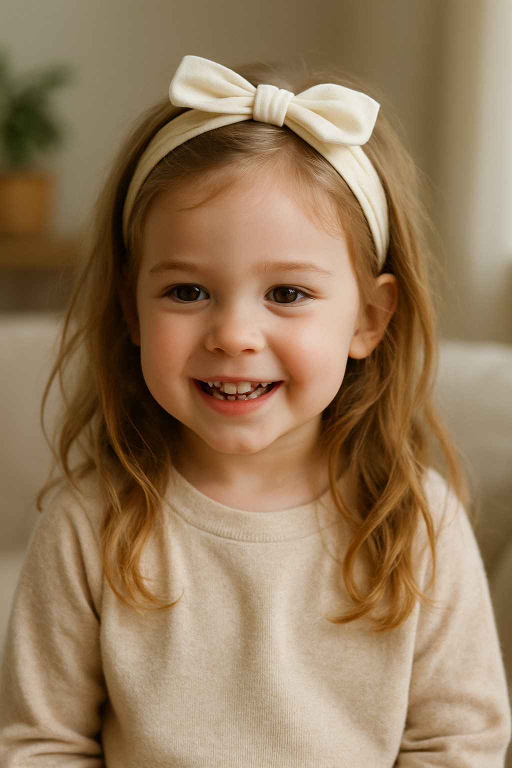 A young girl smiling while wearing a cream-colored headband with a bow.