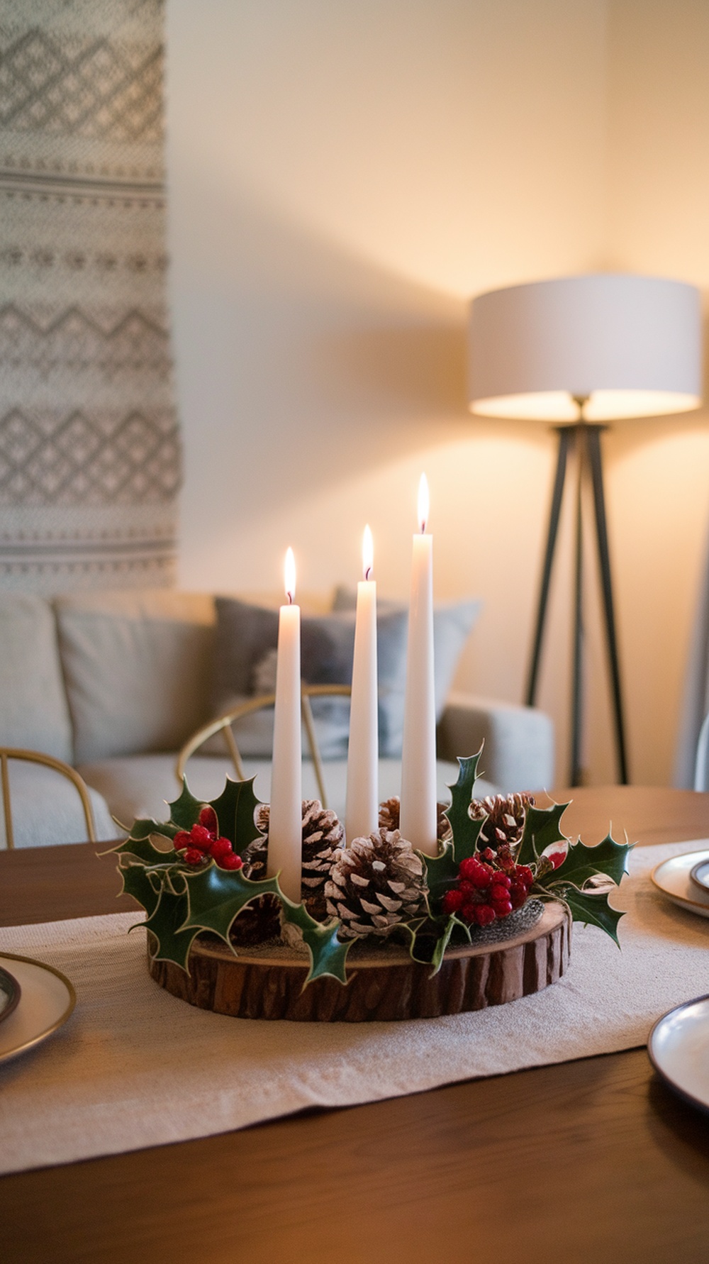 A minimalist holiday centerpiece featuring three white candles surrounded by pinecones and holly on a wooden base.