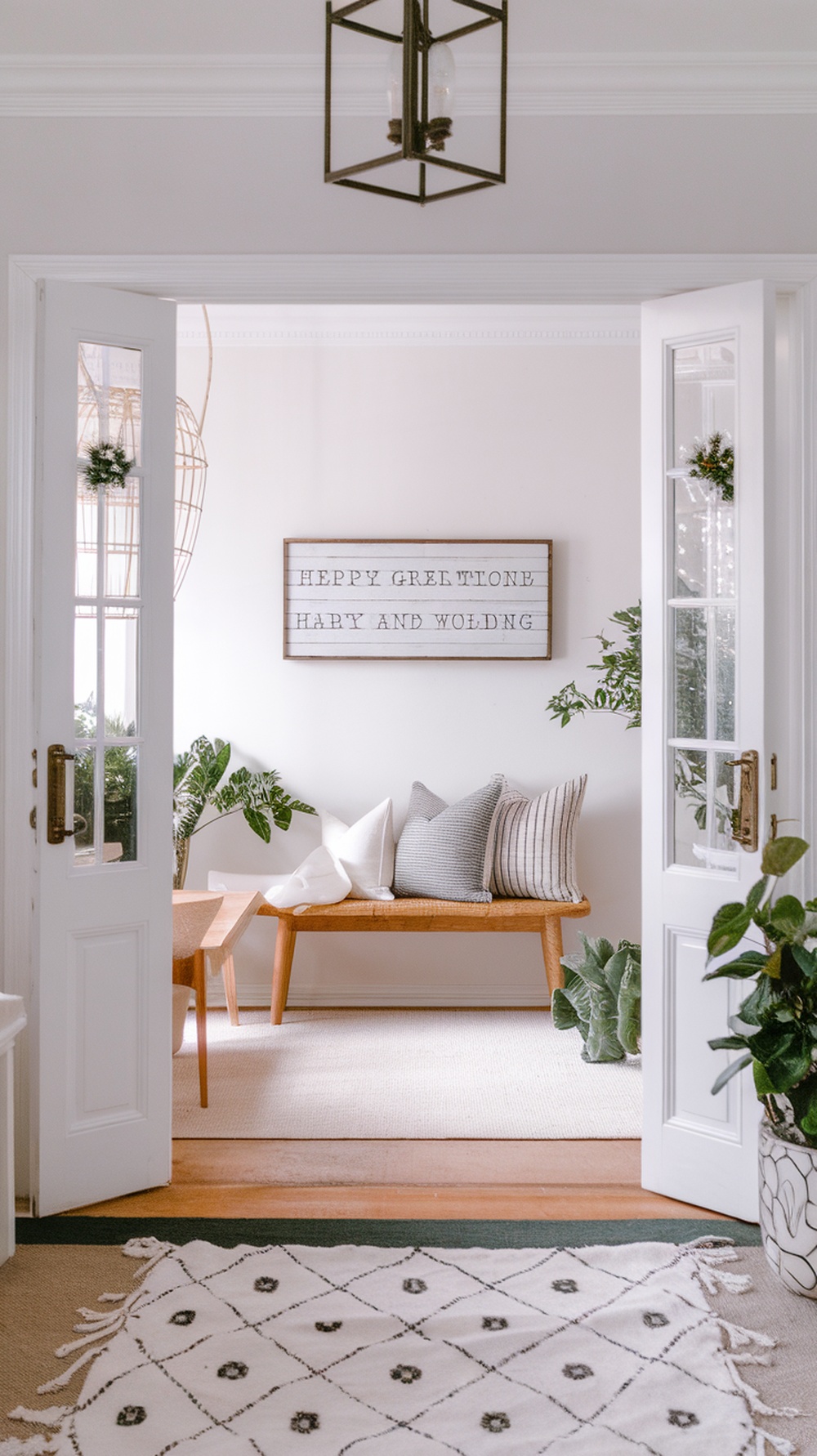 A cozy entryway with a wooden holiday sign and comfortable seating.