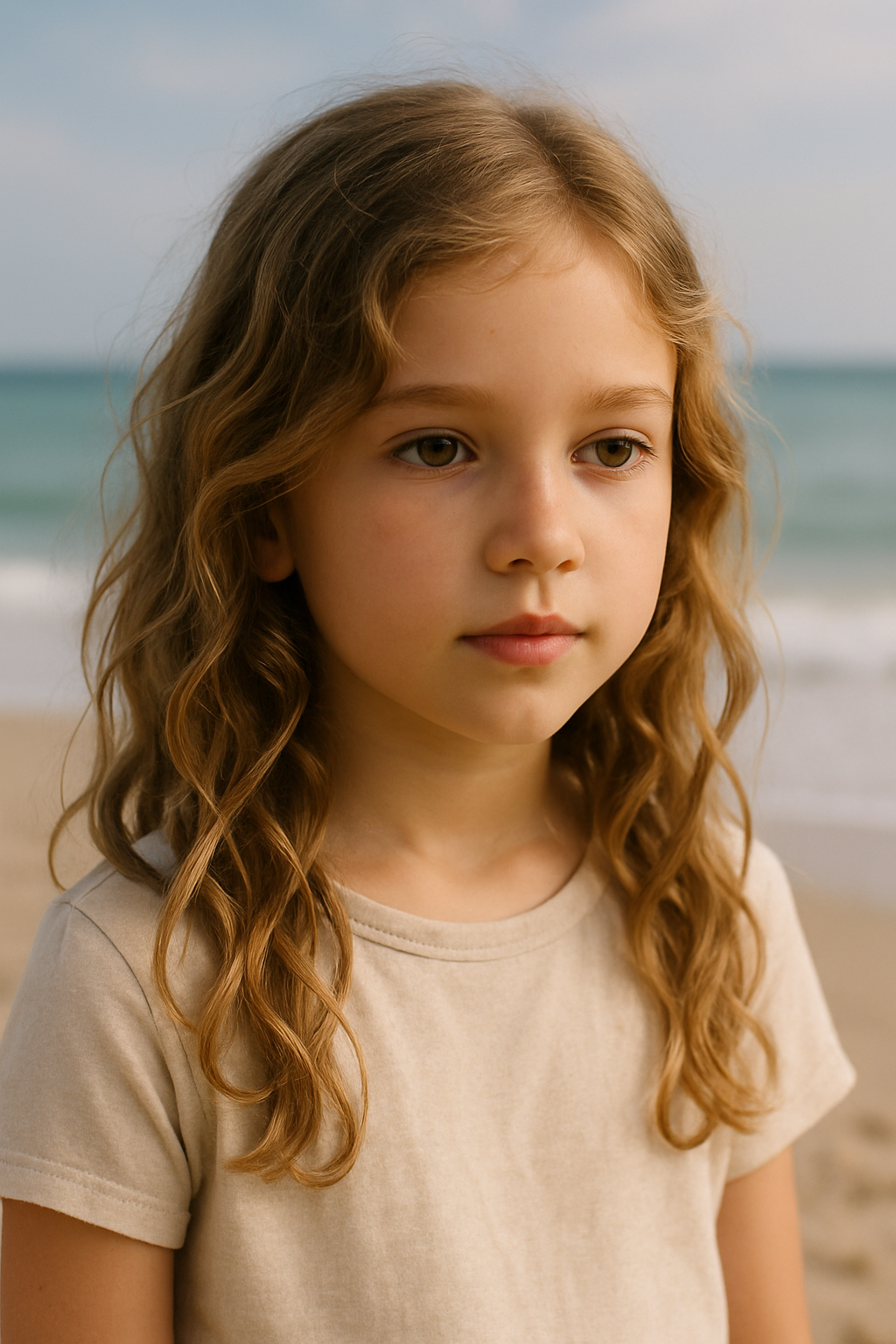 A girl with loose waves standing by the beach, looking thoughtful.