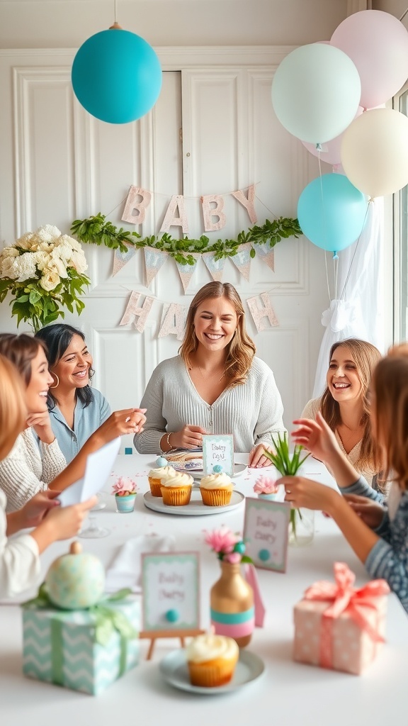 A joyful baby shower scene with a mom-to-be surrounded by friends, celebrating with cupcakes and decorations.