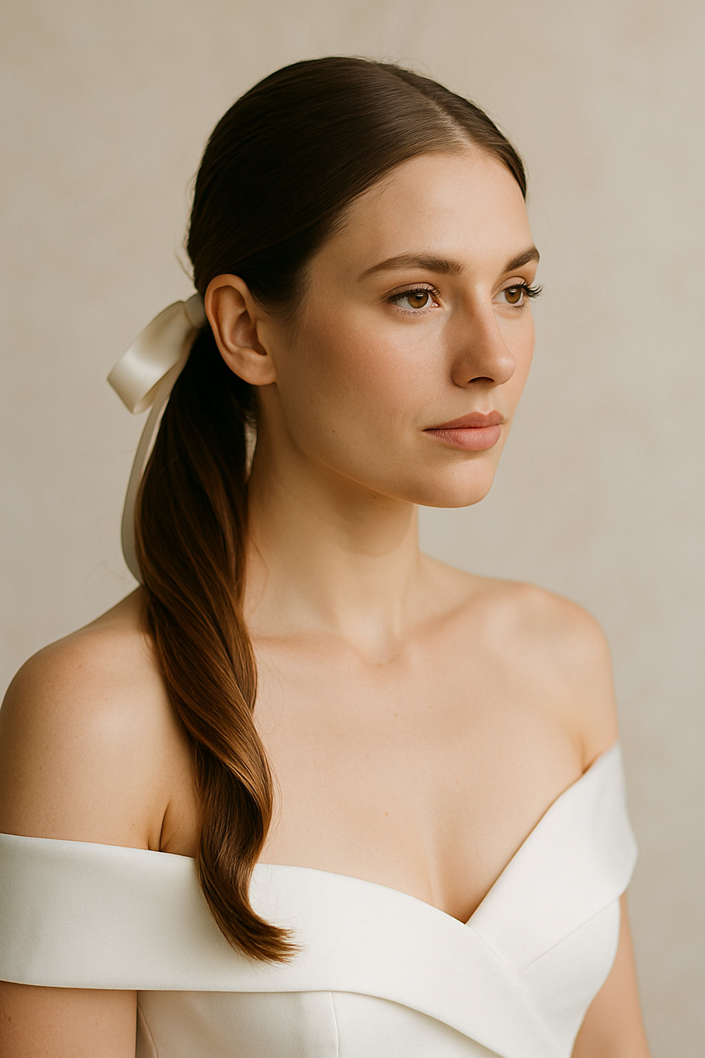 A bride with a simple ponytail adorned with a ribbon, showcasing a natural wedding hairstyle.