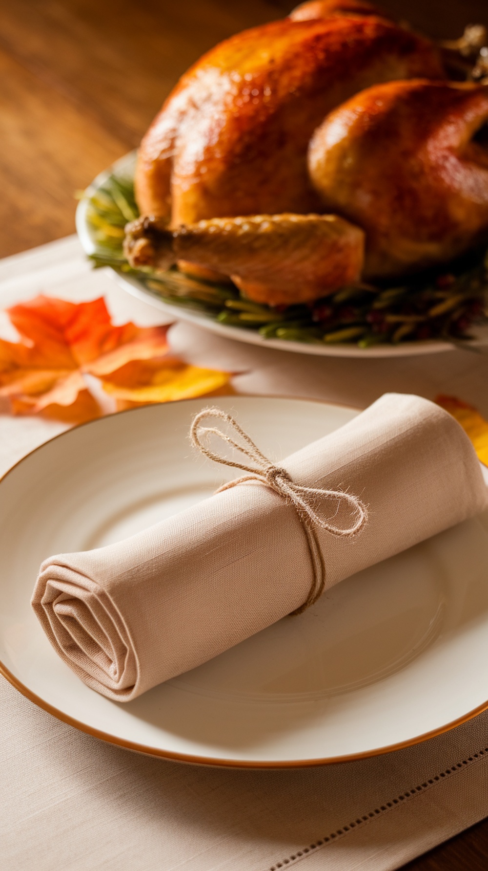 A rolled napkin tied with twine on a plate, with a Thanksgiving turkey in the background.