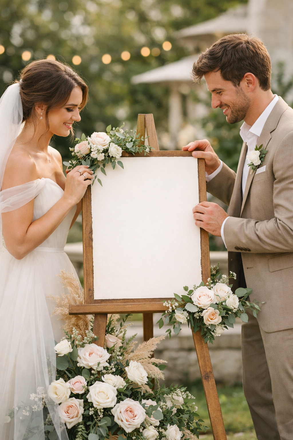 A couple smiling while holding a blank sign on a wooden easel, decorated with flowers