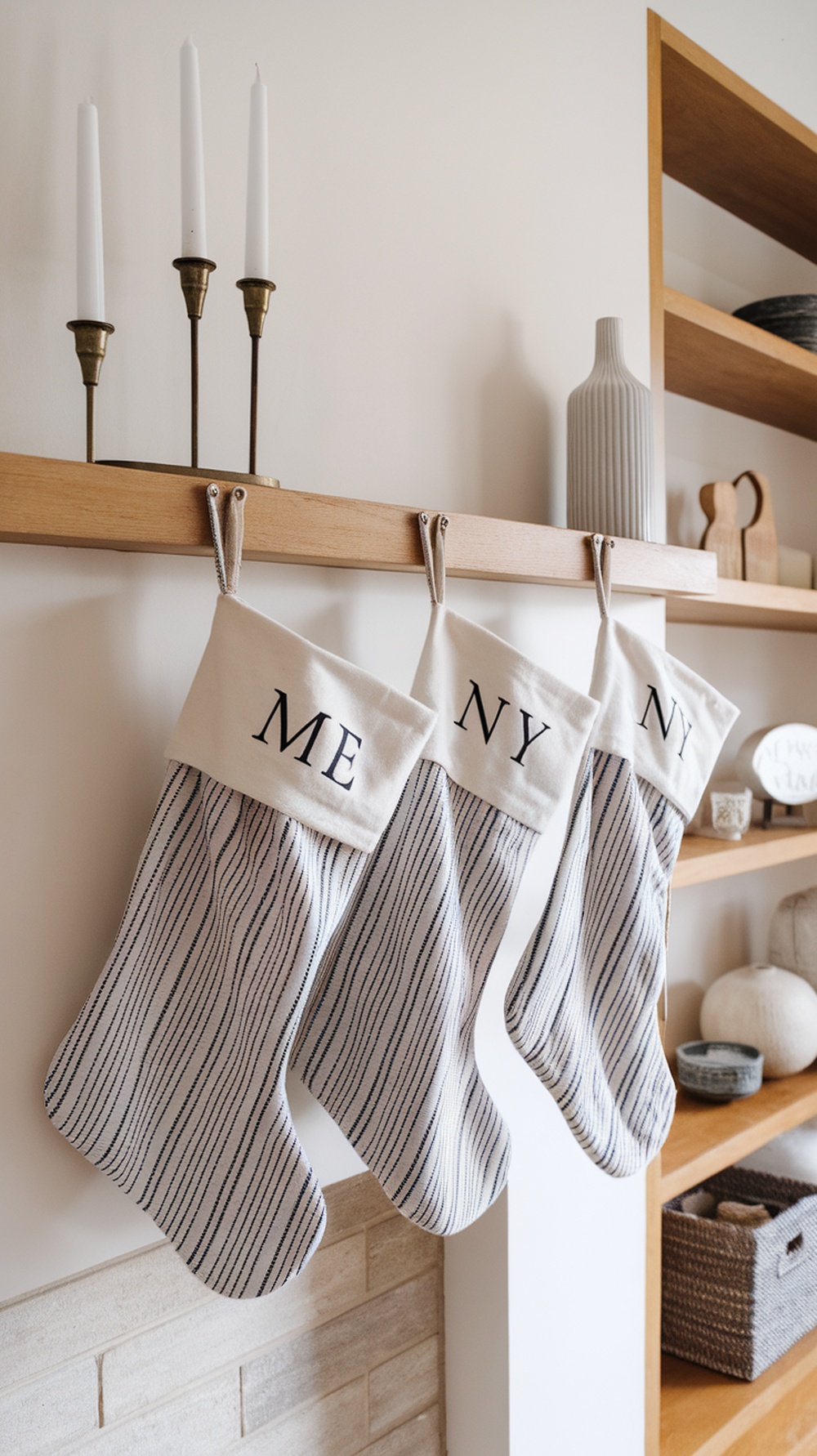 Three simple monogrammed Christmas stockings hanging on a wooden shelf